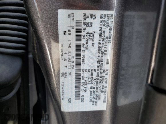 2012 Ford Focus SE with VIN 1FAHP3F20CL461605, listed as a Copart auction lot 59574835 with 119,881 mi miles and Salvage title. Bid and sale history available at DreamBid. Image 12.