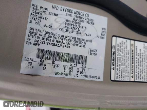 2004 Mercury Mountaineer Convenience z VIN 4M2ZU86K84ZJ52753, wystawiony jako IAAI lot #41611159 z przebiegiem 210 768 mil mil oraz . Historia ofert i sprzedaży dostępna na DreamBid. Obrazek 9.