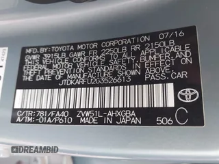 2016 Toyota Prius Four with VIN JTDKARFU2G3526613, listed as a IAAI auction lot 41742117 with 162,214 mi miles. Bid and sale history available at carsss.com. Image 9.