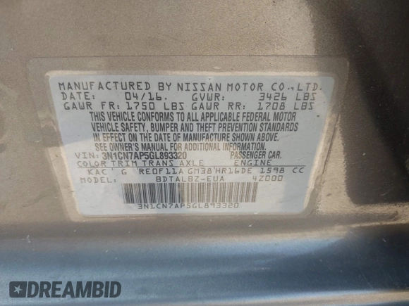 2016 Nissan Versa S with VIN 3N1CN7AP5GL893320, listed as a IAAI auction lot 42685446 with 76,754 mi miles and . Bid and sale history available at DreamBid. Image 9.
