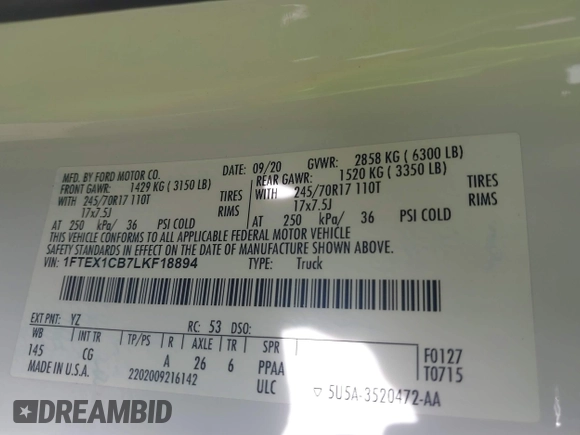 2020 Ford F-150 XL with VIN 1FTEX1CB7LKF18894, listed as a IAAI auction lot 41478678 with 56,000 mi miles and . Bid and sale history available at DreamBid. Image 9.