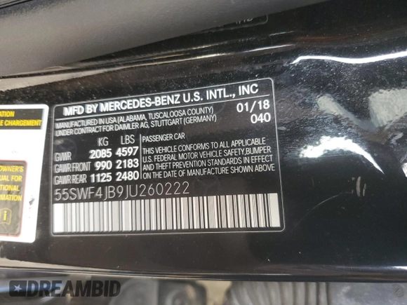 2018 Mercedes-Benz C 300 with VIN 55SWF4JB9JU260222, listed as a Copart auction lot 65423155 with 106,869 mi miles and Salvage title. Bid and sale history available at DreamBid. Image 12.
