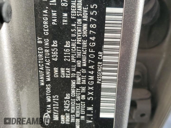 2015 Kia Optima LX with VIN 5XXGM4A70FG478755, listed as a Copart auction lot 49176165 with 158,206 mi miles and Salvage Title. Bid and sale history available at DreamBid. Image 15.