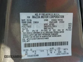 2006 Mazda Tribute S with VIN 4F2YZ06136KM31485, listed as a Copart auction lot 75412344 with Not Provided miles and Salvage Title. Bid and sale history available at DreamBid. Image 14.