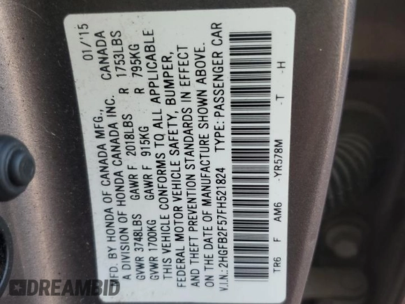 2015 Honda Civic Sedan LX with VIN 2HGFB2F57FH521824, listed as a Copart auction lot 55024385 with 154,775 mi miles and Clean Title. Bid and sale history available at carsss.com. Image 12.