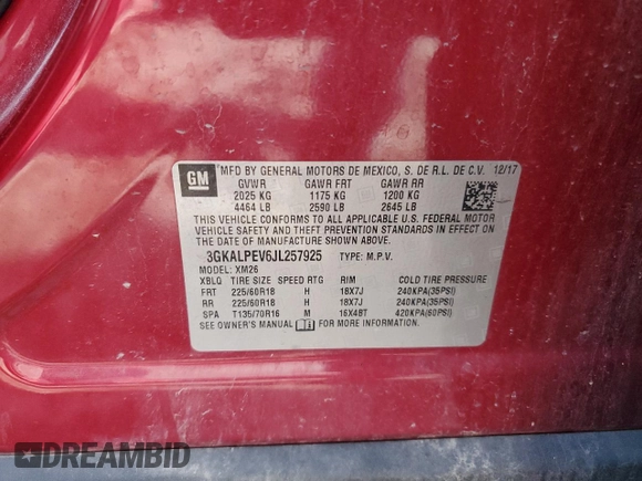 2018 GMC Terrain SLT with VIN 3GKALPEV6JL257925, listed as a Copart auction lot 78841604 with 121,449 mi miles and Salvage Title. Bid and sale history available at carsss.com. Image 13.