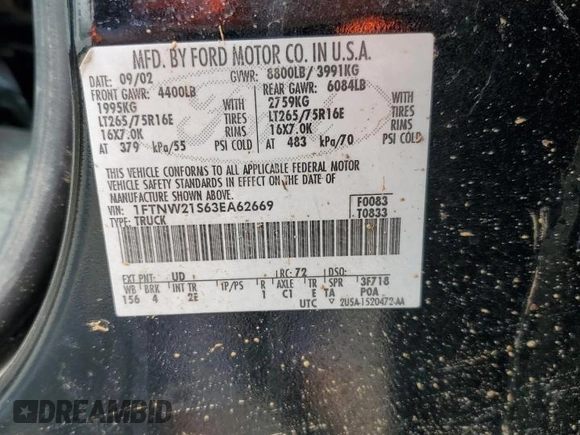 2003 Ford F-250 XL with VIN 1FTNW21S63EA62669, listed as a Copart auction lot 48927675 with Not provided miles and Salvage title. Bid and sale history available at DreamBid. Image 12.