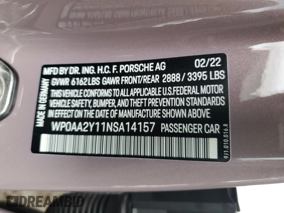 2022 Porsche Taycan with VIN WP0AA2Y11NSA14157, listed as a Copart auction lot 84951134 with 15,425 mi miles and Salvage title. Bid and sale history available at DreamBid. Image 15.