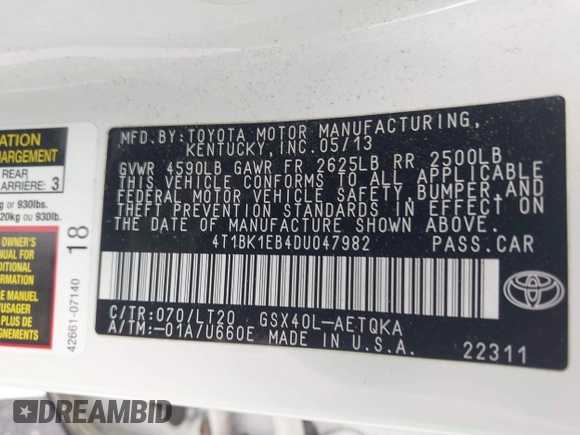 2013 Toyota Avalon XLE with VIN 4T1BK1EB4DU047982, listed as a IAAI auction lot 42011402 with 122,645 mi miles and . Bid and sale history available at DreamBid. Image 9.