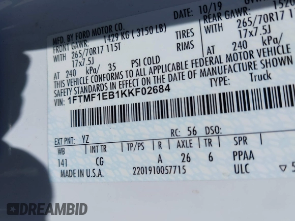 2019 Ford F-150 XL with VIN 1FTMF1EB1KKF02684, listed as a IAAI auction lot 42320140 with 185,189 mi miles and . Bid and sale history available at DreamBid. Image 9.