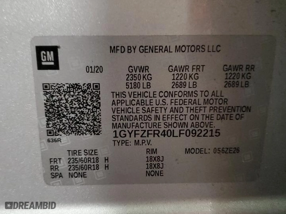 2020 Cadillac XT4 AWD Sport with VIN 1GYFZFR40LF092215, listed as a Copart auction lot 44363945 with 100,675 mi miles and Salvage Title. Bid and sale history available at carsss.com. Image 14.
