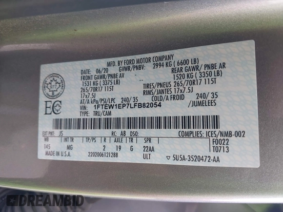 2020 Ford F-150 XL with VIN 1FTEW1EP7LFB82054, listed as a IAAI auction lot 42123655 with 72,768 mi miles and . Bid and sale history available at DreamBid. Image 9.