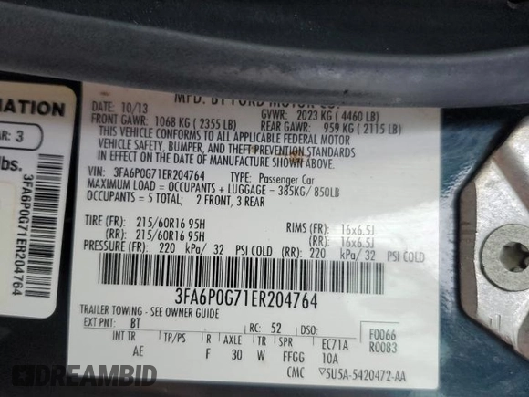 2014 Ford Fusion S с VIN 3FA6P0G71ER204764, выставлен на аукционе Copart как лот 74832454 с пробегом 195 525 миль миль и Списание • Salvage title. История ставок и продаж доступна на DreamBid. Изображение 12.