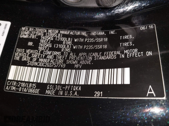 2016 Toyota Sienna XLE with VIN 5TDYK3DC2GS757749, listed as a IAAI auction lot 42617318 with 139,737 mi miles and . Bid and sale history available at DreamBid. Image 9.