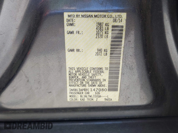 2015 Nissan Altima SL with VIN 1N4BL3AP8FC147080, listed as a IAAI auction lot 41816106 with 236,157 mi miles and . Bid and sale history available at carsss.com. Image 9.