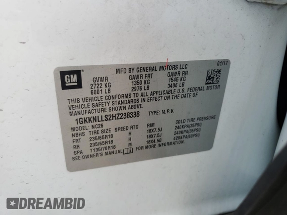 2017 GMC Acadia SLE with VIN 1GKKNLLS2HZ238338, listed as a Copart auction lot 63973665 with 97,812 mi miles and Salvage title. Bid and sale history available at DreamBid. Image 13.