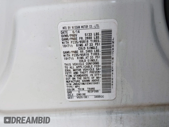 2014 Nissan Murano SL z VIN JN8AZ1MU1EW418461, wystawiony jako IAAI lot #41690883 z przebiegiem 191 612 mil mil oraz . Historia ofert i sprzedaży dostępna na DreamBid. Obrazek 9.