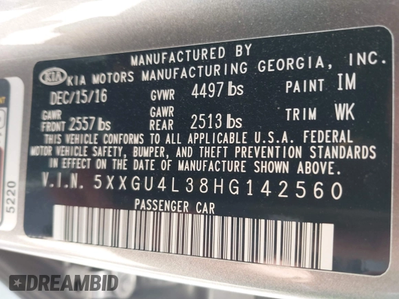 2017 Kia Optima EX with VIN 5XXGU4L38HG142560, listed as a IAAI auction lot 42167391 with 61,015 mi miles and . Bid and sale history available at DreamBid. Image 9.