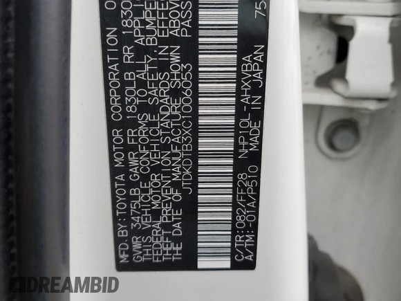 2012 Toyota Prius One with VIN JTDKDTB3XC1006053, listed as a Copart auction lot 43455685 with 112,280 mi miles and Salvage Title. Bid and sale history available at DreamBid. Image 14.