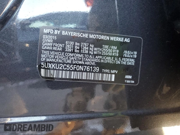 2015 BMW X6 xDrive35i with VIN 5UXKU2C55F0N76139, listed as a Copart auction lot 38612634 with Not Provided miles. Bid and sale history available at carsss.com. Image 13.