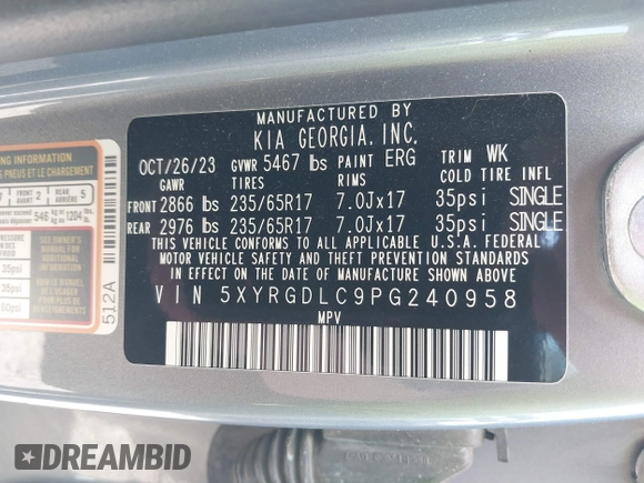 2023 Kia Sorento LX with VIN 5XYRGDLC9PG240958, listed as a IAAI auction lot 42297720 with 27,485 mi miles and . Bid and sale history available at DreamBid. Image 9.