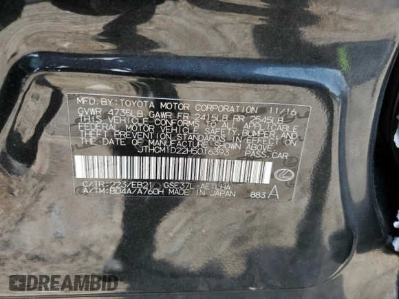 2017 Lexus IS 300 with VIN JTHCM1D22H5016393, listed as a Copart auction lot 59848545 with 77,893 mi miles and Salvage title. Bid and sale history available at DreamBid. Image 12.