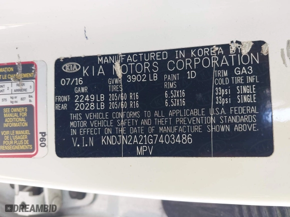 2016 Kia Soul with VIN KNDJN2A21G7403486, listed as a IAAI auction lot 41913168 with 119,247 mi miles. Bid and sale history available at carsss.com. Image 9.