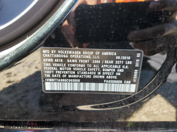 2016 Volkswagen Passat SE z VIN 1VWBT7A36GC003556, wystawiony jako Copart lot #55245595 z przebiegiem 84 939 mil mil oraz Szkoda całkowita • Salvage title. Historia ofert i sprzedaży dostępna na DreamBid. Obrazek 12.