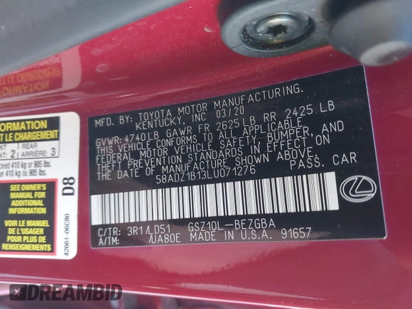 2020 Lexus ES with VIN 58ADZ1B13LU071276, listed as a IAAI auction lot 41298403 with 18,549 mi miles. Bid and sale history available at carsss.com. Image 9.