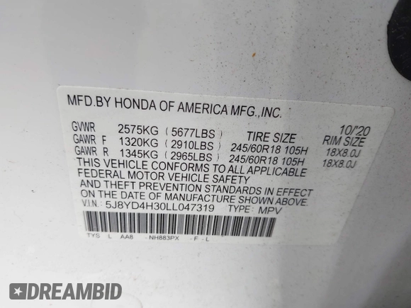 2020 Acura MDX z VIN 5J8YD4H30LL047319, wystawiony jako IAAI lot #42362677 z przebiegiem 60 913 mil mil oraz . Historia ofert i sprzedaży dostępna na DreamBid. Obrazek 9.
