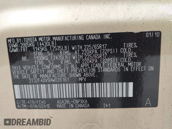 2010 Toyota RAV4 with VIN 2T3ZF4DV9AW026161, listed as a IAAI auction lot 42487735 with 224,729 mi miles and . Bid and sale history available at DreamBid. Image 9.