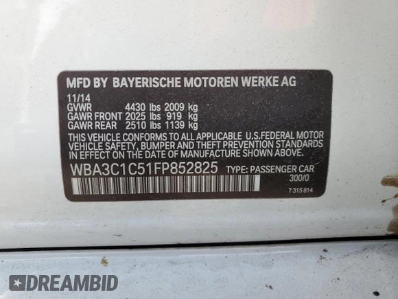 2015 BMW 3 Series 328i with VIN WBA3C1C51FP852825, listed as a Copart auction lot 53169305 with 184,383 mi miles and Salvage title. Bid and sale history available at DreamBid. Image 12.