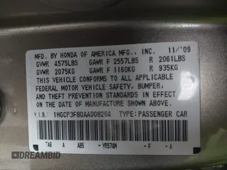 2010 Honda Accord EX-L with VIN 1HGCP3F80AA008264, listed as a IAAI auction lot 41930243 with 68,705 mi miles and . Bid and sale history available at DreamBid. Image 9.