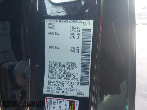 2013 Nissan Altima S with VIN 1N4AL2EP2DC189242, listed as a IAAI auction lot 41703523 with 144,482 mi miles and . Bid and sale history available at DreamBid. Image 9.