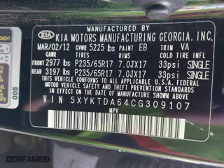 2012 Kia Sorento LX with VIN 5XYKTDA64CG309107, listed as a IAAI auction lot 41977359 with 213,006 mi miles. Bid and sale history available at carsss.com. Image 9.