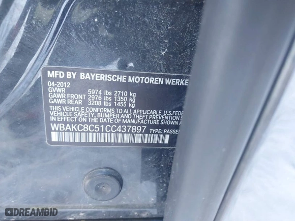 2012 BMW 7 Series 750Li xDrive with VIN WBAKC8C51CC437897, listed as a IAAI auction lot 41542970 with 133,864 mi miles. Bid and sale history available at carsss.com. Image 9.
