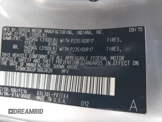 2015 Toyota Sienna LE AAS with VIN 5TDKK3DC0FS663826, listed as a IAAI auction lot 42050229 with 126,971 mi miles and . Bid and sale history available at DreamBid. Image 9.