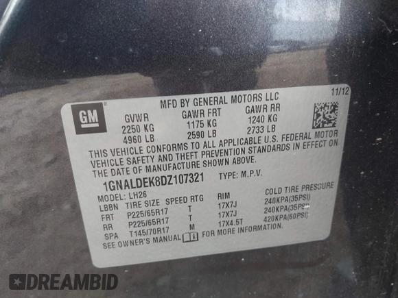 2013 Chevrolet Equinox LT with VIN 1GNALDEK8DZ107321, listed as a IAAI auction lot 41902956 with 211,800 mi miles. Bid and sale history available at carsss.com. Image 9.
