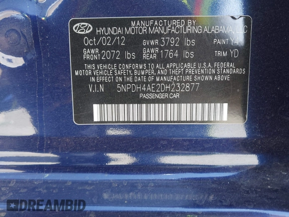 2013 Hyundai Elantra Limited with VIN 5NPDH4AE2DH232877, listed as a IAAI auction lot 41863644 with 170,723 mi miles and . Bid and sale history available at DreamBid. Image 9.