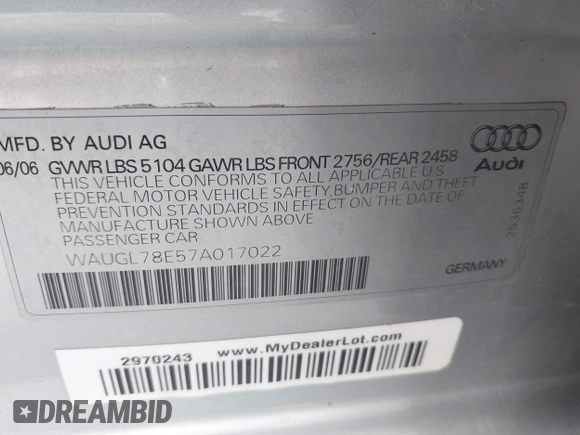 2007 Audi S4 z VIN WAUGL78E57A017022, wystawiony jako IAAI lot #41718171 z przebiegiem 130 808 mil mil oraz . Historia ofert i sprzedaży dostępna na DreamBid. Obrazek 9.