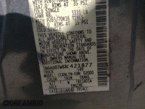 2008 Nissan Frontier SE with VIN 1N6AD07W88C421877, listed as a Copart auction lot 52918255 with 132,349 mi miles and Salvage title. Bid and sale history available at DreamBid. Image 14.