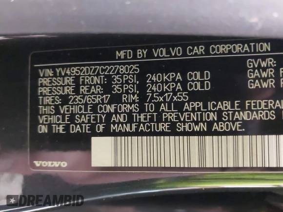 2012 Volvo XC60 3.2L with VIN YV4952DZ7C2278025, listed as a IAAI auction lot 41849438 with Not provided miles and . Bid and sale history available at DreamBid. Image 9.