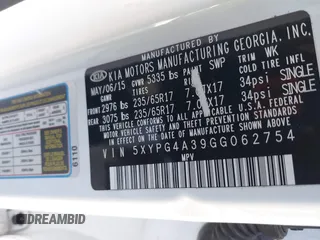 2016 Kia Sorento LX with VIN 5XYPG4A39GG062754, listed as a IAAI auction lot 41689839 with 180,165 mi miles. Bid and sale history available at carsss.com. Image 9.