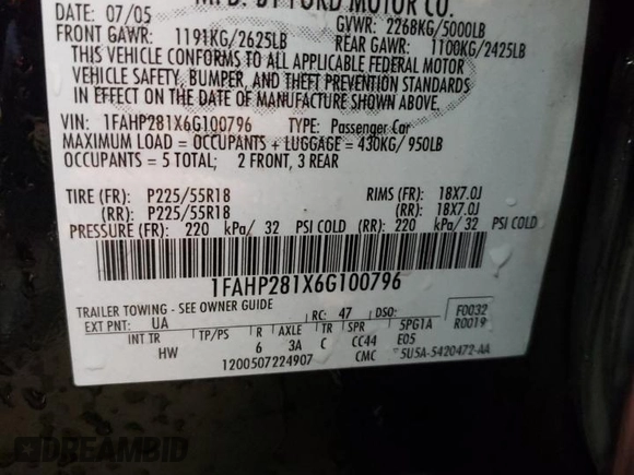 2006 Ford Five Hundred Limited with VIN 1FAHP281X6G100796, listed as a Copart auction lot 81571844 with 72,006 mi miles and Salvage Title. Bid and sale history available at carsss.com. Image 12.