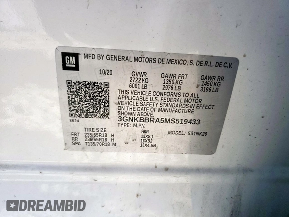 2021 Chevrolet Blazer LT with VIN 3GNKBBRA5MS519433, listed as a Copart auction lot 61215745 with 122,501 mi miles and Salvage title. Bid and sale history available at DreamBid. Image 14.