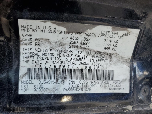 2007 Mitsubishi Galant Ralliart with VIN 4A3AB76T27E064527, listed as a Copart auction lot 41671925 with 195,286 mi miles and Salvage Title. Bid and sale history available at carsss.com. Image 12.