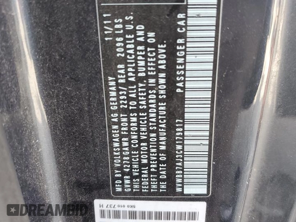 2012 Volkswagen Golf z VIN WVWBB7AJ3CW179817, wystawiony jako Copart lot #51429125 z przebiegiem Nie podano mil oraz Szkoda całkowita • Salvage title. Historia ofert i sprzedaży dostępna na DreamBid. Obrazek 12.
