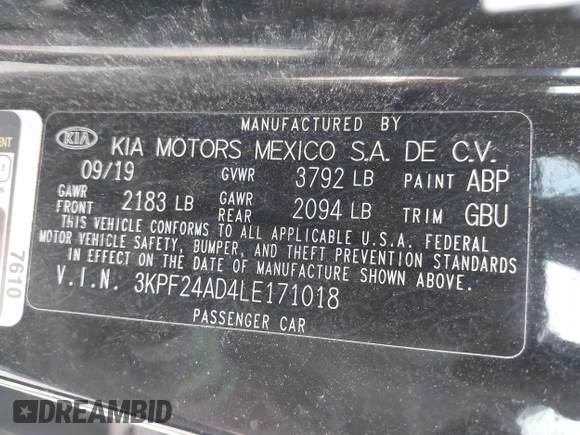 2020 Kia Forte LXS z VIN 3KPF24AD4LE171018, wystawiony jako IAAI lot #42130798 z przebiegiem 206 004 mil mil oraz . Historia ofert i sprzedaży dostępna na DreamBid. Obrazek 9.