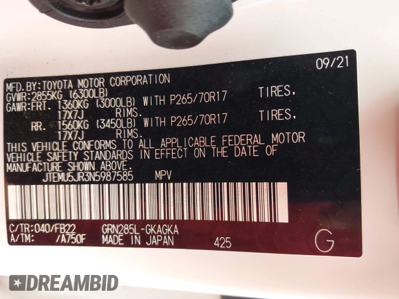 2022 Toyota 4Runner SR5 with VIN JTEMU5JR3N5987585, listed as a IAAI auction lot 41714815 with 38,874 mi miles and . Bid and sale history available at DreamBid. Image 9.