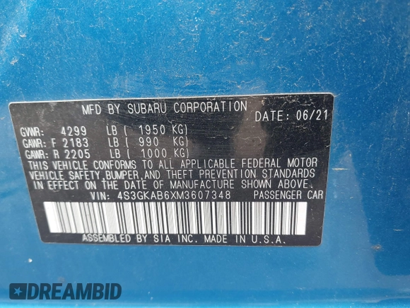 2021 Subaru Impreza with VIN 4S3GKAB6XM3607348, listed as a IAAI auction lot 42554219 with 38,722 mi miles and . Bid and sale history available at DreamBid. Image 9.